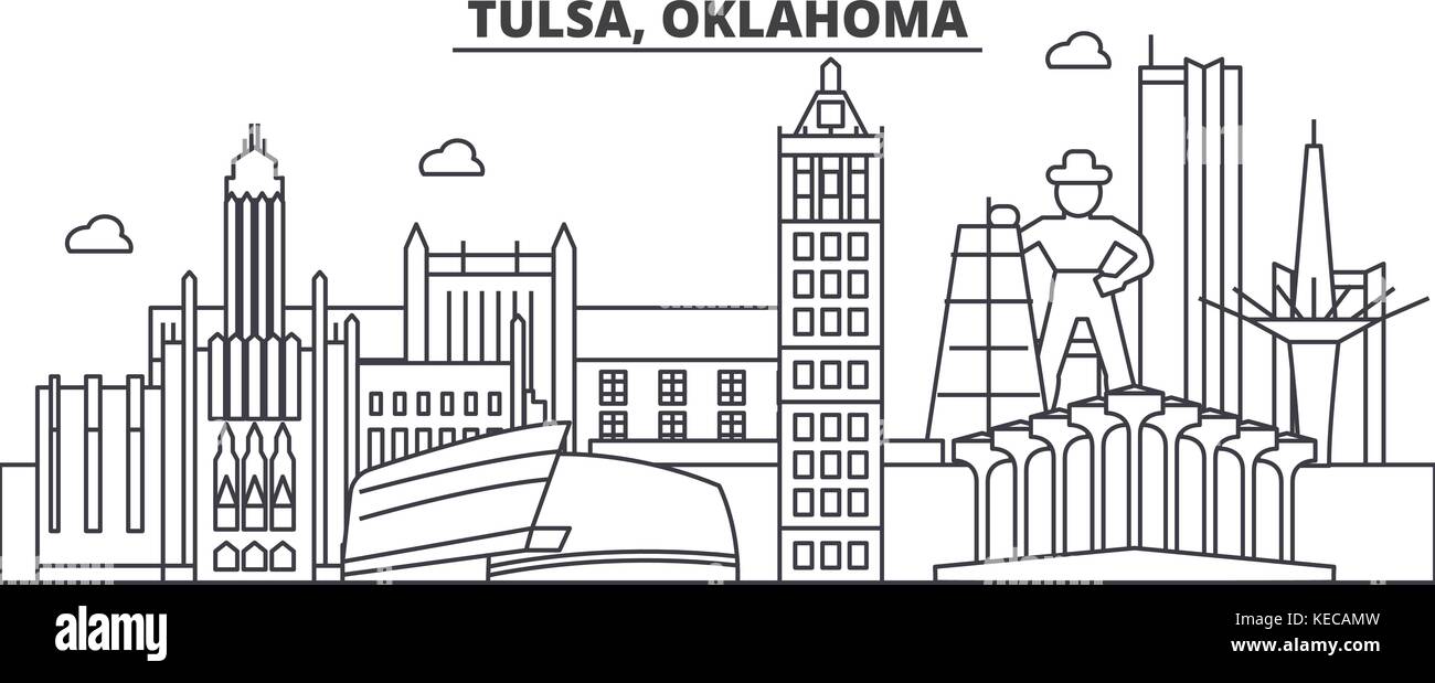 Tulsa, Oklahoma ligne architecture illustration vecteur linéaire. skyline Vue urbaine avec des sites célèbres de la ville, sites touristiques, icones du paysage avec coups modifiable. Illustration de Vecteur