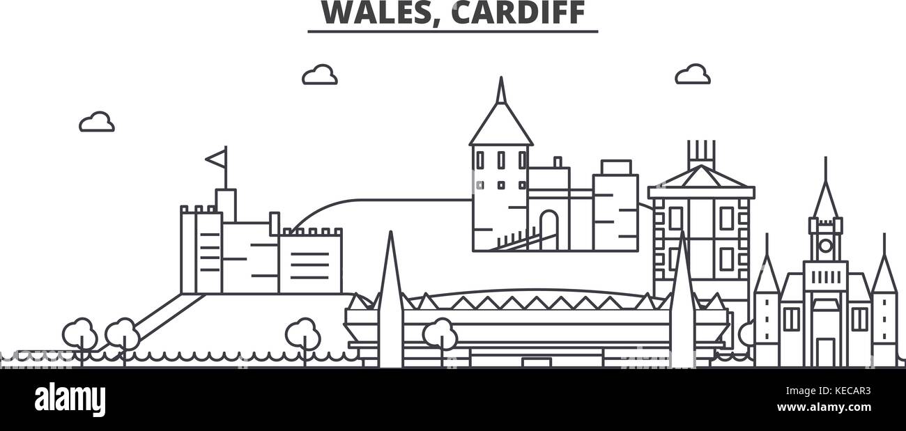 Wales, Cardiff ligne architecture illustration vecteur linéaire. skyline Vue urbaine avec des sites célèbres de la ville, sites touristiques, icônes de design. avec paysage coups modifiable Illustration de Vecteur