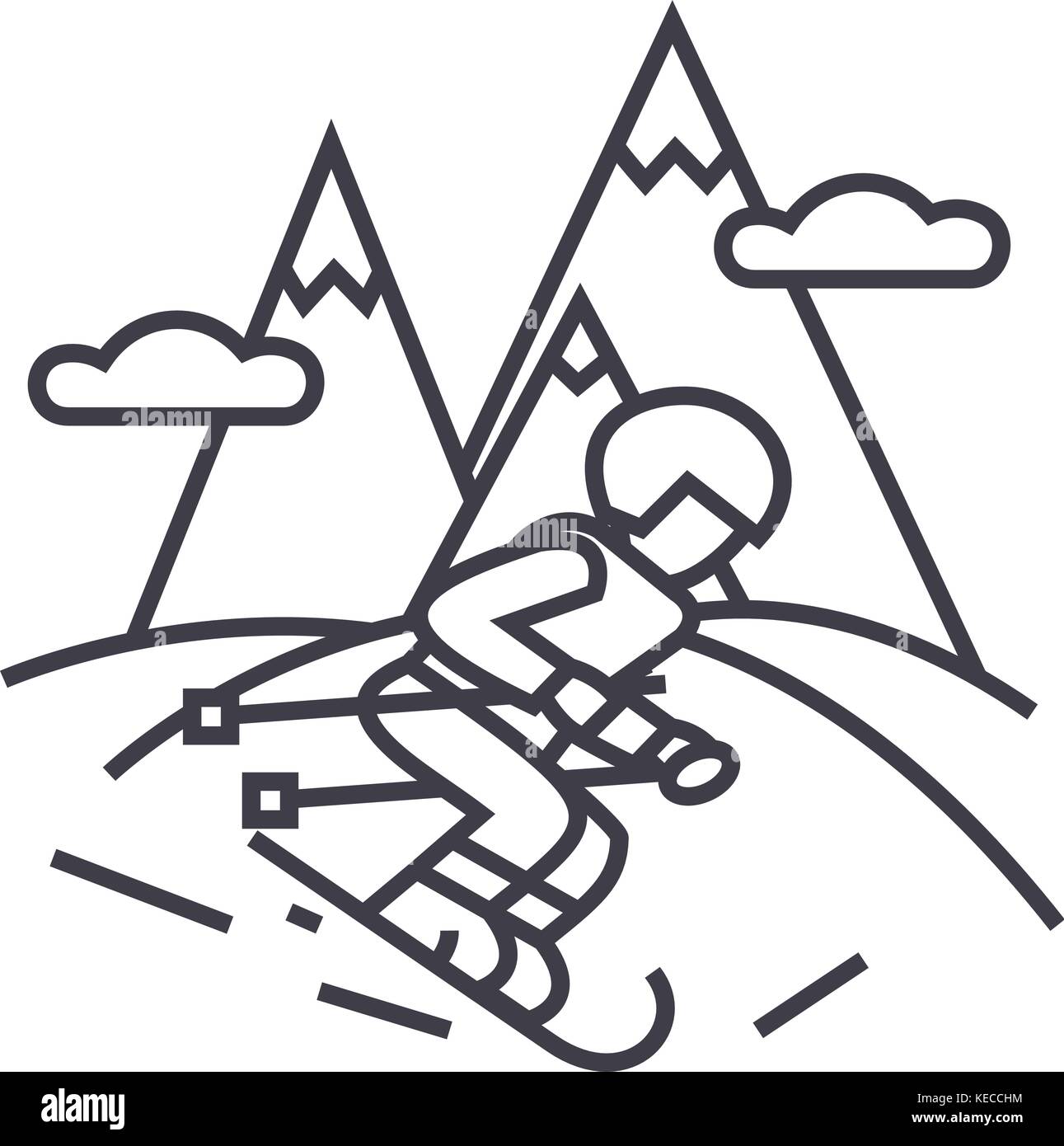 Billet d'hiver,ski skieur dans des montagnes de l'icône de la ligne du vecteur, signe, l'illustration en arrière-plan, coups modifiable Illustration de Vecteur