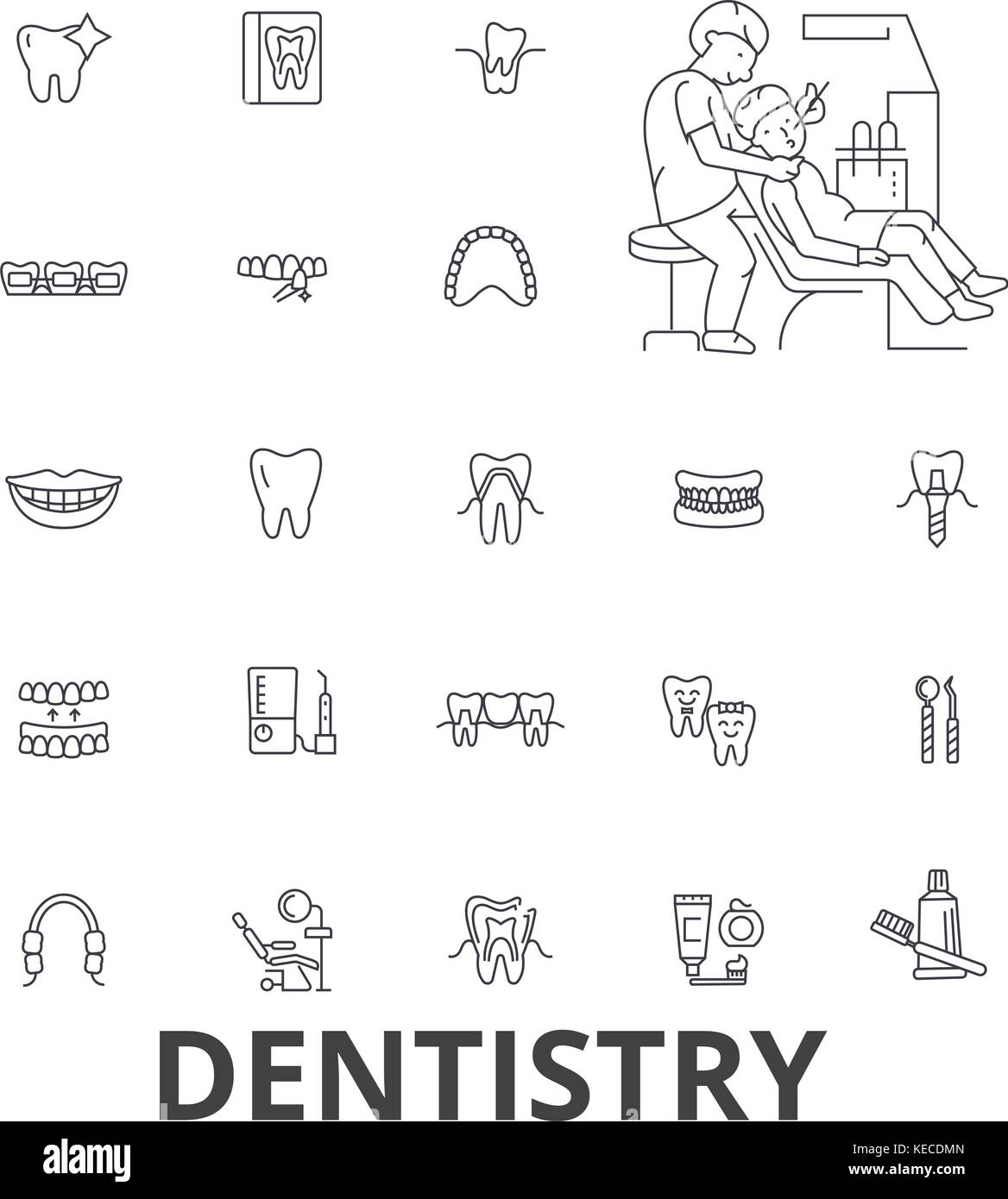 Art dentaire, dentiste, soins dentaires, soins dentaires, dentiste, dents, sourire, la ligne d'icônes. implant coups modifiable. vector illustration design concept symbole isolated linéaire. Illustration de Vecteur