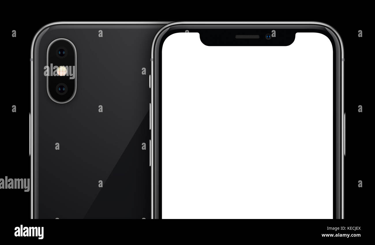 Similaire à l'iPhone smartphone noir X immersive recto et verso sur fond noir avec copie espace cropped close-up. Banque D'Images
