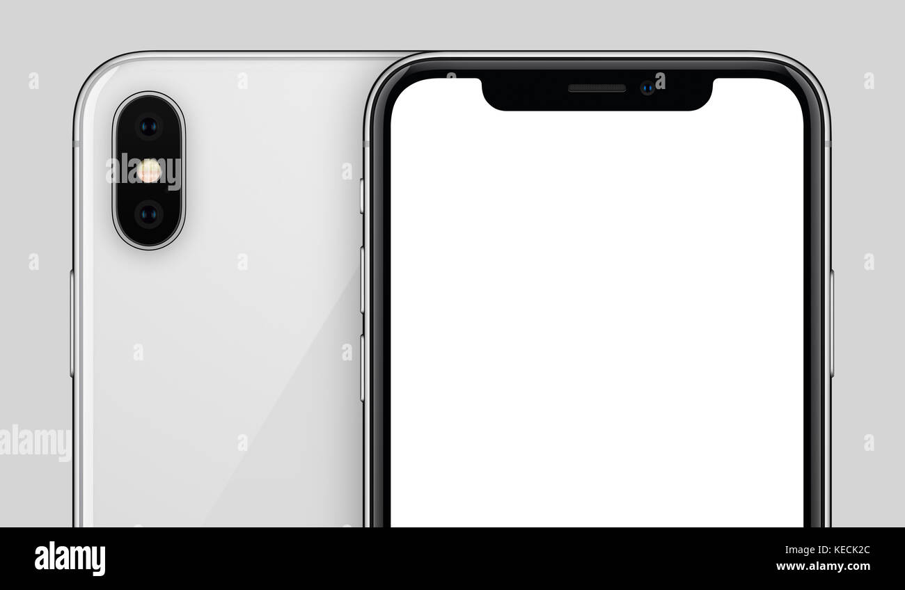 Similaire à l'iPhone smartphone blanc X immersive recto et verso sur fond gris avec copie espace cropped close-up. Banque D'Images