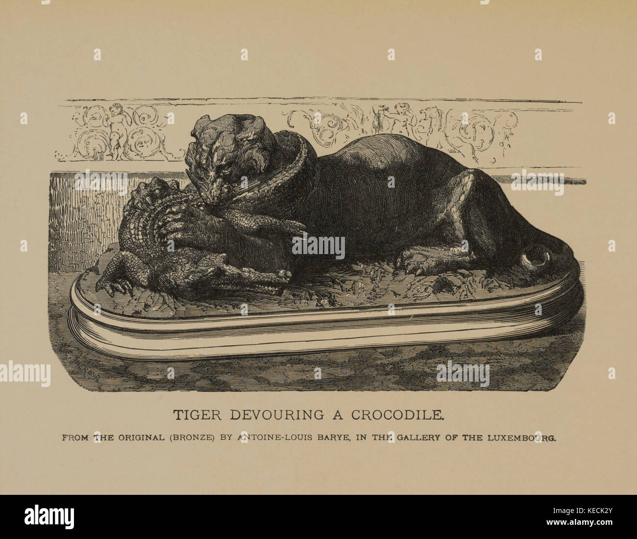 Tigre dévorant un crocodile, gravure sur bois de l'original 1831 sculpture en bronze de antoine-louis barye, les chefs-d'œuvre de l'art français par Louis Viardot, publié par gravure goupil et cie, Paris, 1882, gebbie & Co., Philadelphia, 1883 Banque D'Images