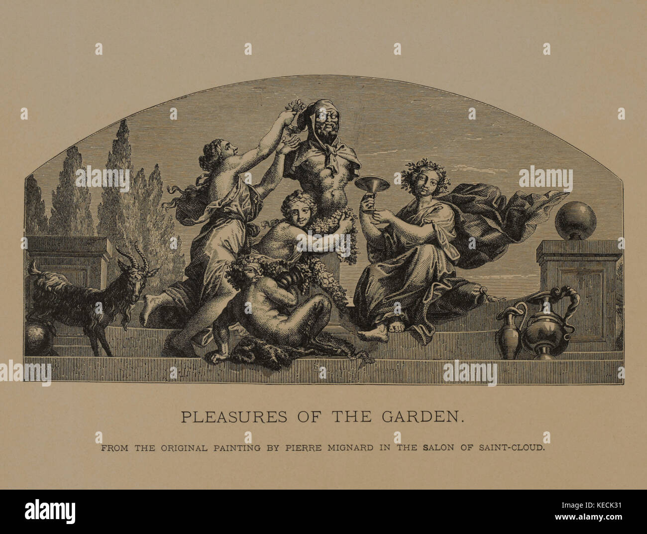 Plaisirs du jardin, gravure sur bois Gravure tirée de la peinture originale par Pierre Mignard, les chefs-d'œuvre de l'art français par Louis Viardot, publié par gravure goupil et cie, Paris, 1882, gebbie & Co., Philadelphia, 1883 Banque D'Images