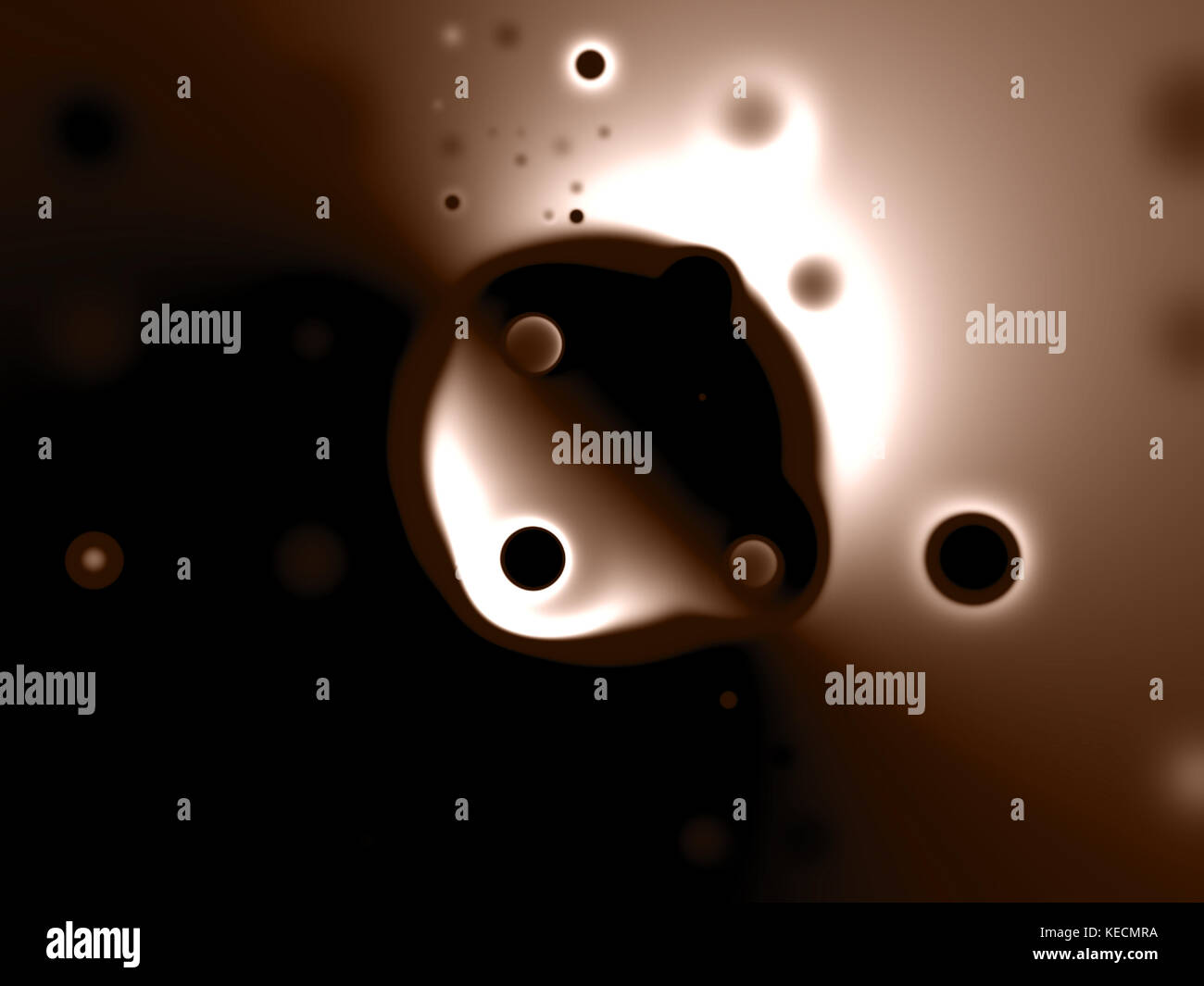 Blobs étrange planète orbitant autour d'une pièce sombre. Banque D'Images