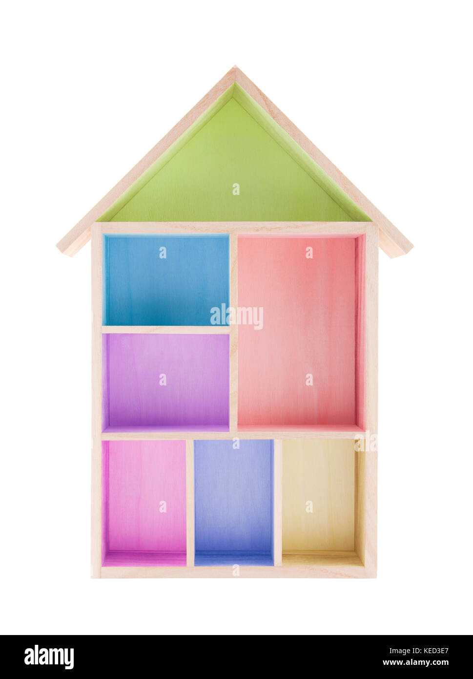 Plateau en forme de maison en bois coloré isolated on white Banque D'Images