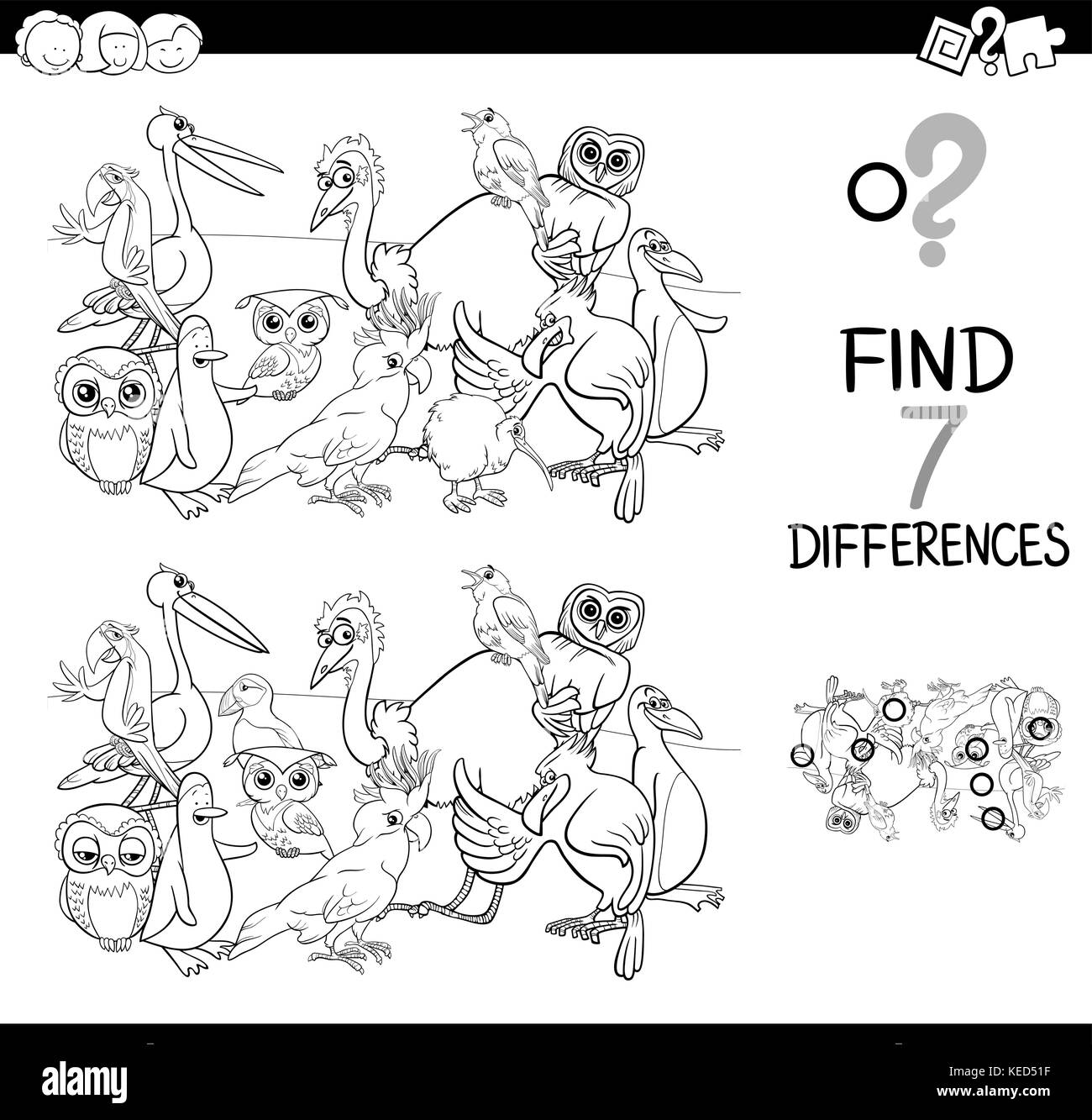 Illustration cartoon noir et blanc de trouver les différences entre les images de l'activité pédagogique jeu pour les enfants avec des oiseaux groupe caractères animaux Illustration de Vecteur