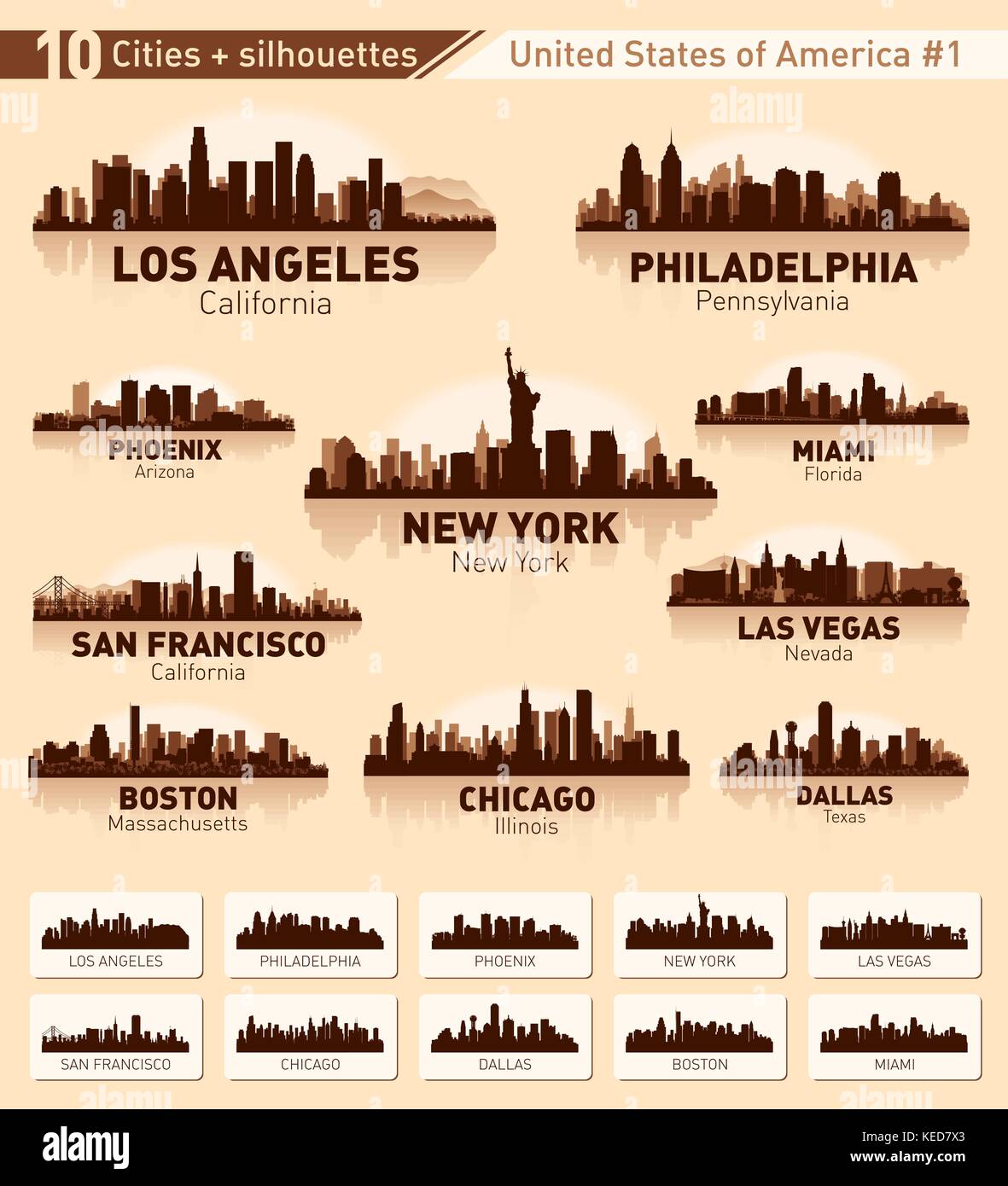 Skyline city set. 10 villes des USA # 1 Illustration de Vecteur