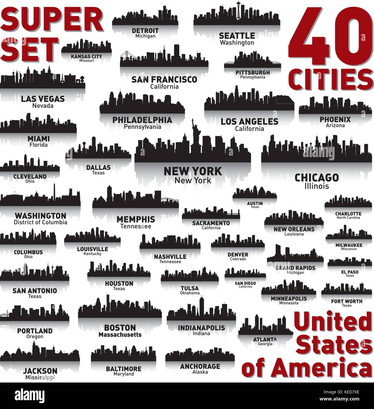 Ville incroyable. 40 city silhouettes des États-Unis d'Amérique Illustration de Vecteur