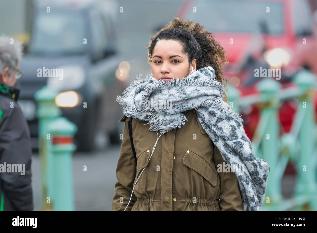 Jeune femme vêtue d'une froide journée d'automne dans un manteau et écharpe. Banque D'Images