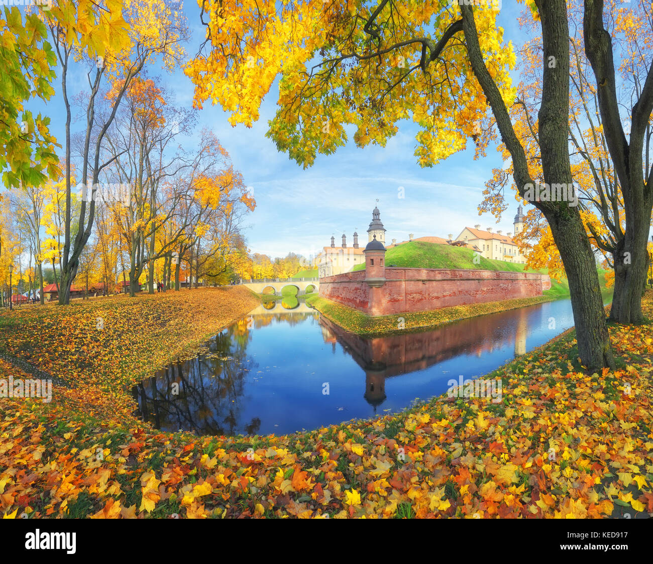 Ensemble du château de Nesvizh devint un lieu crucial sur une journée ensoleillée d'automne. tout couvert par le feuillage coloré. beau paysage d'automne. Banque D'Images