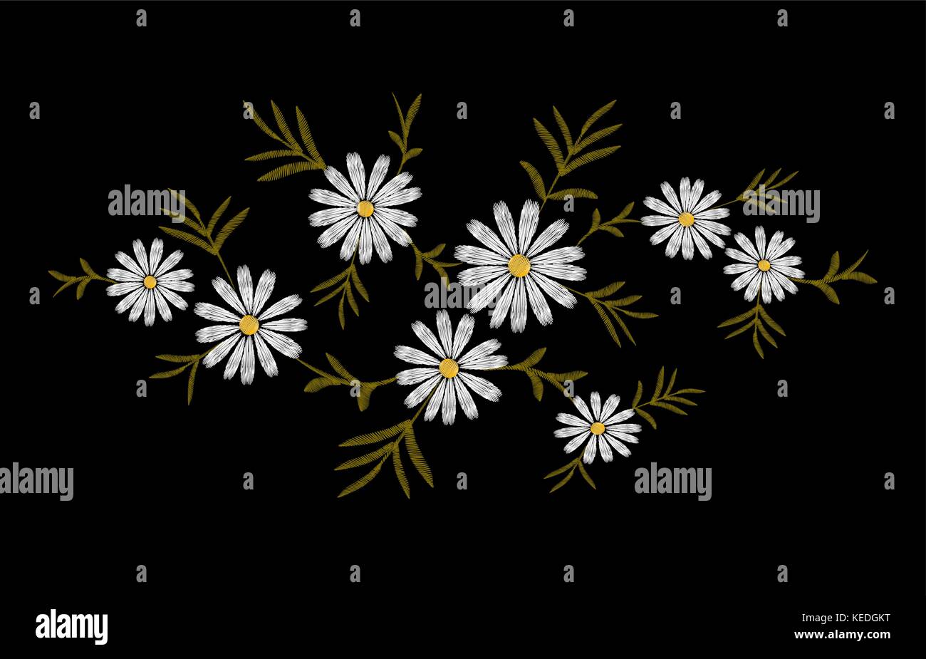 La texture d'impression broderie daisy flower arrangement feuilles. fashion décoration ornement floral vintage black background vector illustration Illustration de Vecteur