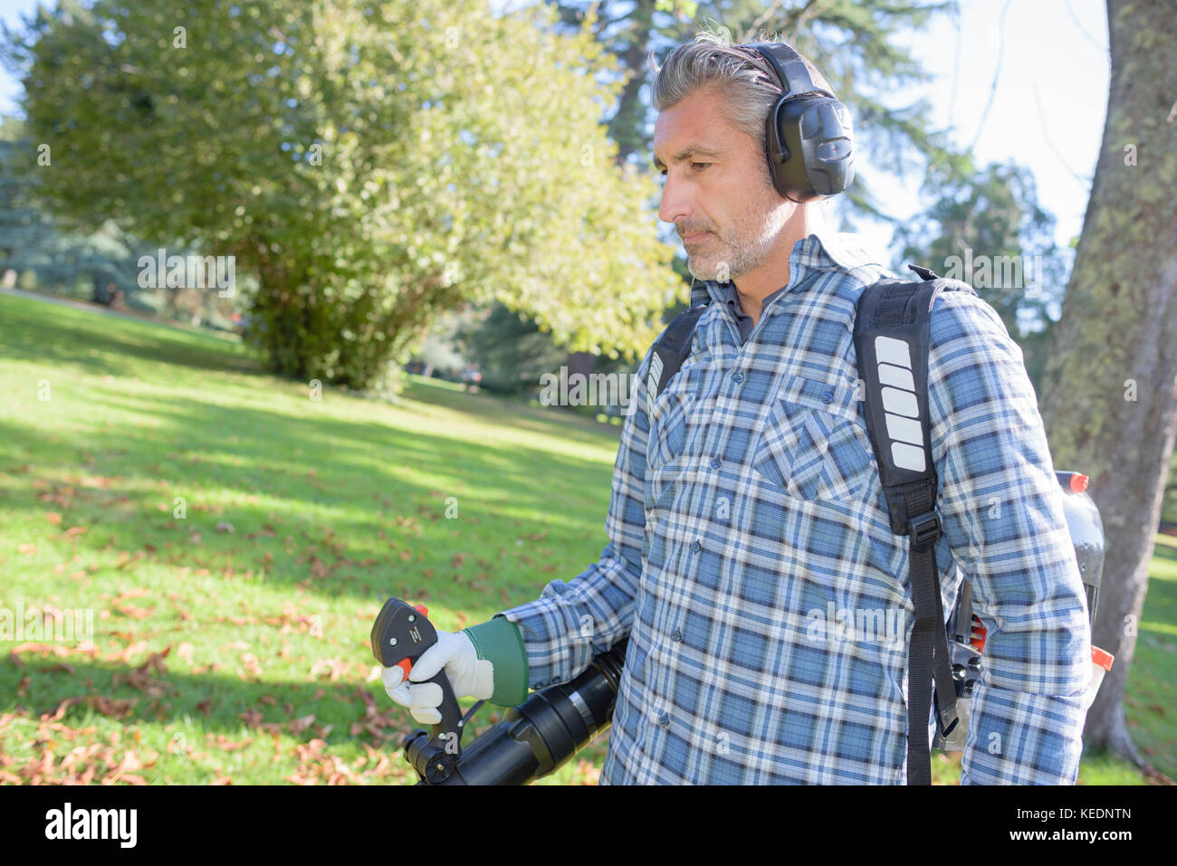 Jardin à l'aide d'une souffleuse à feuilles de travail Banque D'Images