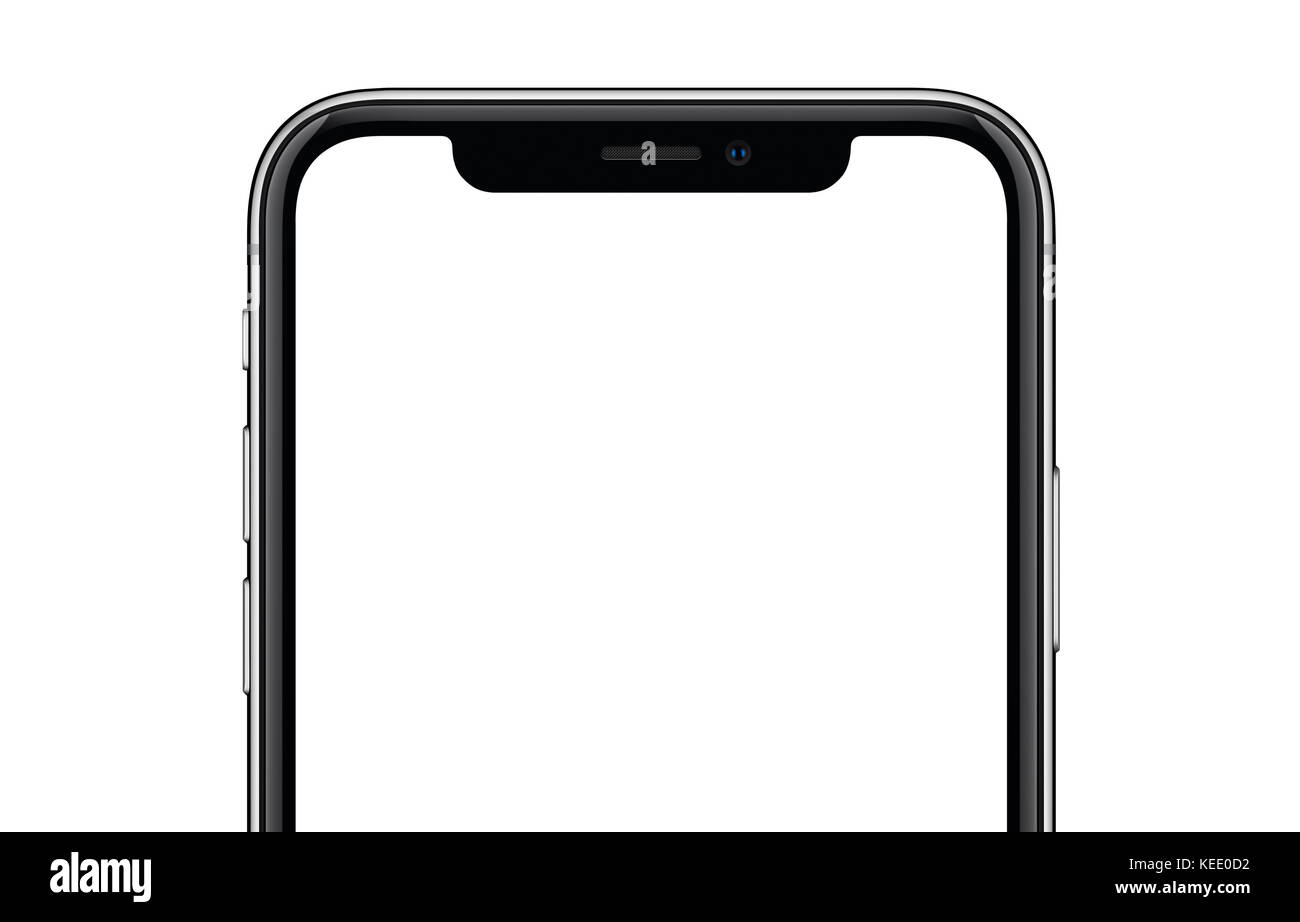 Close-up nouveau smartphone moderne similaire à l'iPhone X immersive isolé sur fond blanc. Banque D'Images