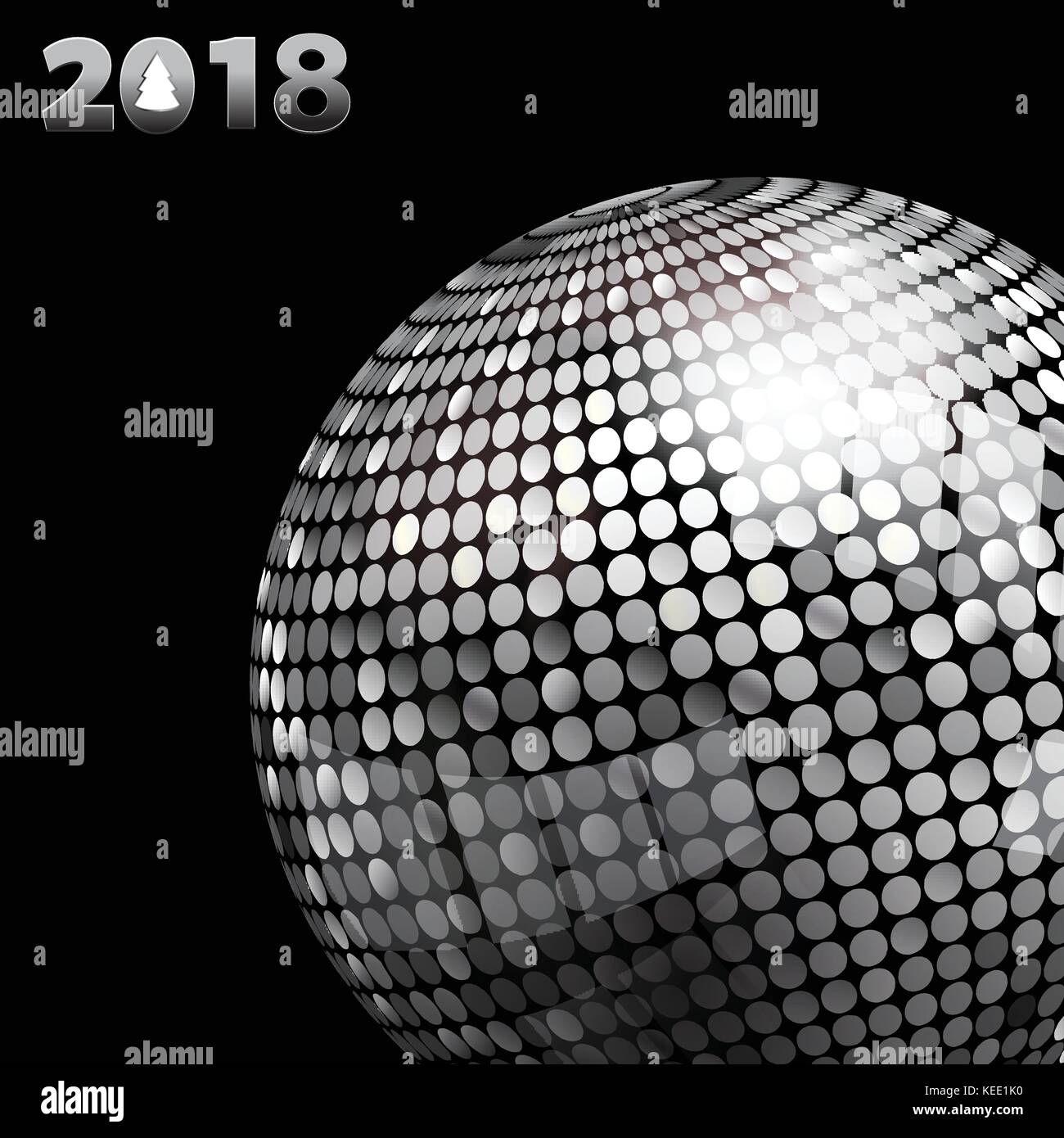 3d illustration d'argent boule disco et 2018 vingt dix-huitième dans l'argent des numéros avec arbre de plus de fond noir Illustration de Vecteur