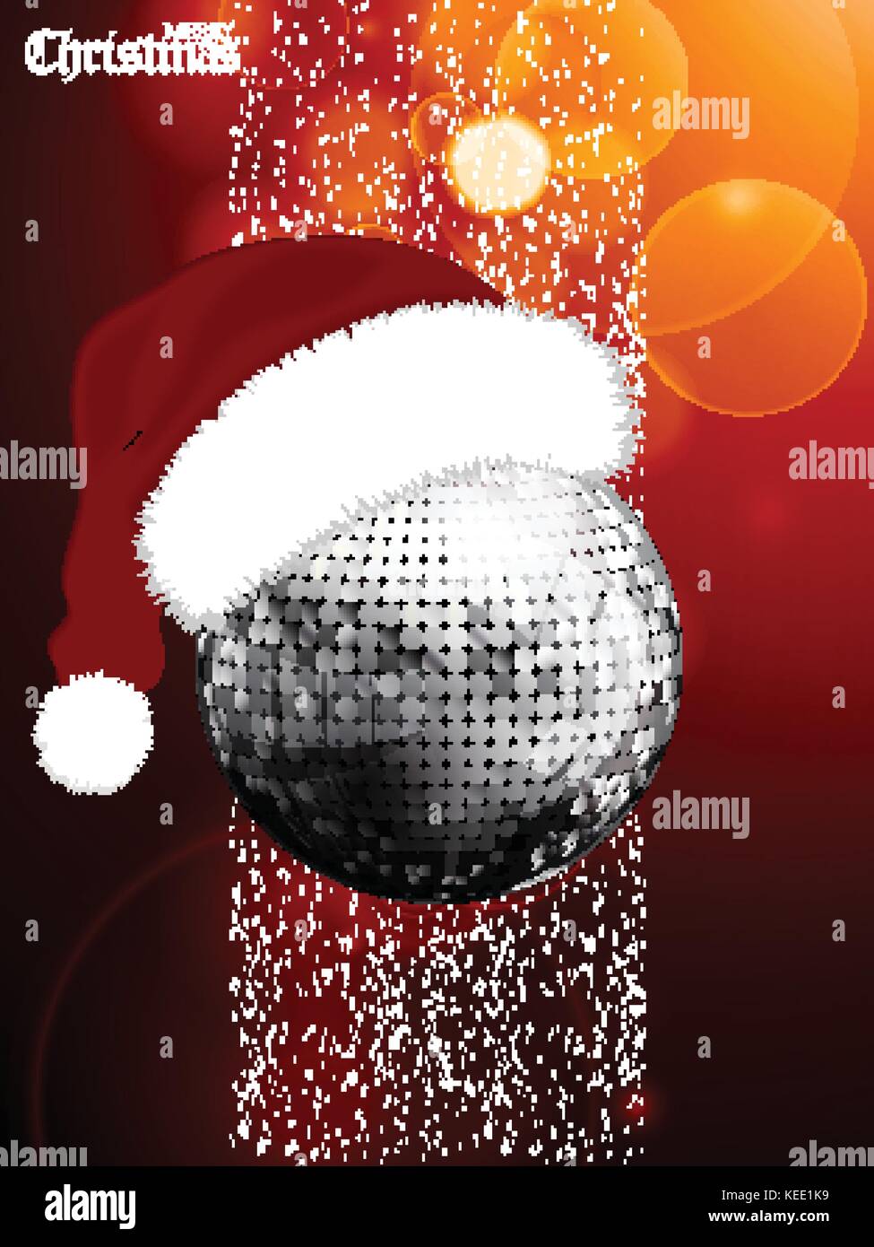 Joyeux noël fête rouge lumineux avec de l'argent fond disco ball with santa hat snow et texte décoratif Illustration de Vecteur