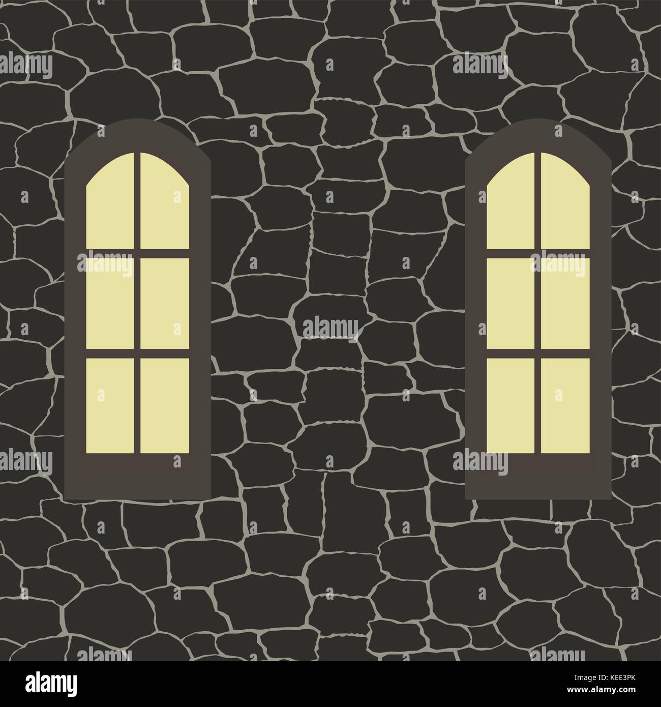 Windows rougeoyant sur l'arrière-plan d'un mur de pierre en style ancien Illustration de Vecteur