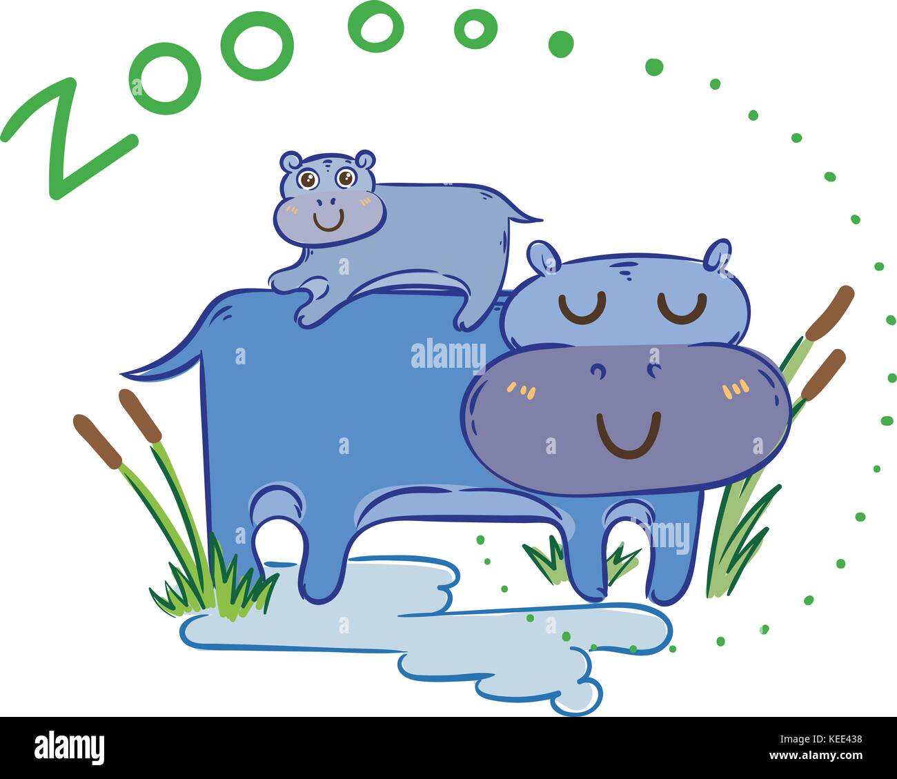 Illustration de doodle mignon les hippopotames, hand drawn vector cartoon graphique. Illustration de Vecteur