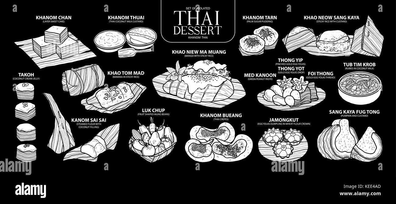 Ensemble de silhouette blanche isolée dans 14 desserts thaïlandais menu. cute hand drawn vector illustration alimentaire en avion blanc (sans contour) sur fond noir. Illustration de Vecteur