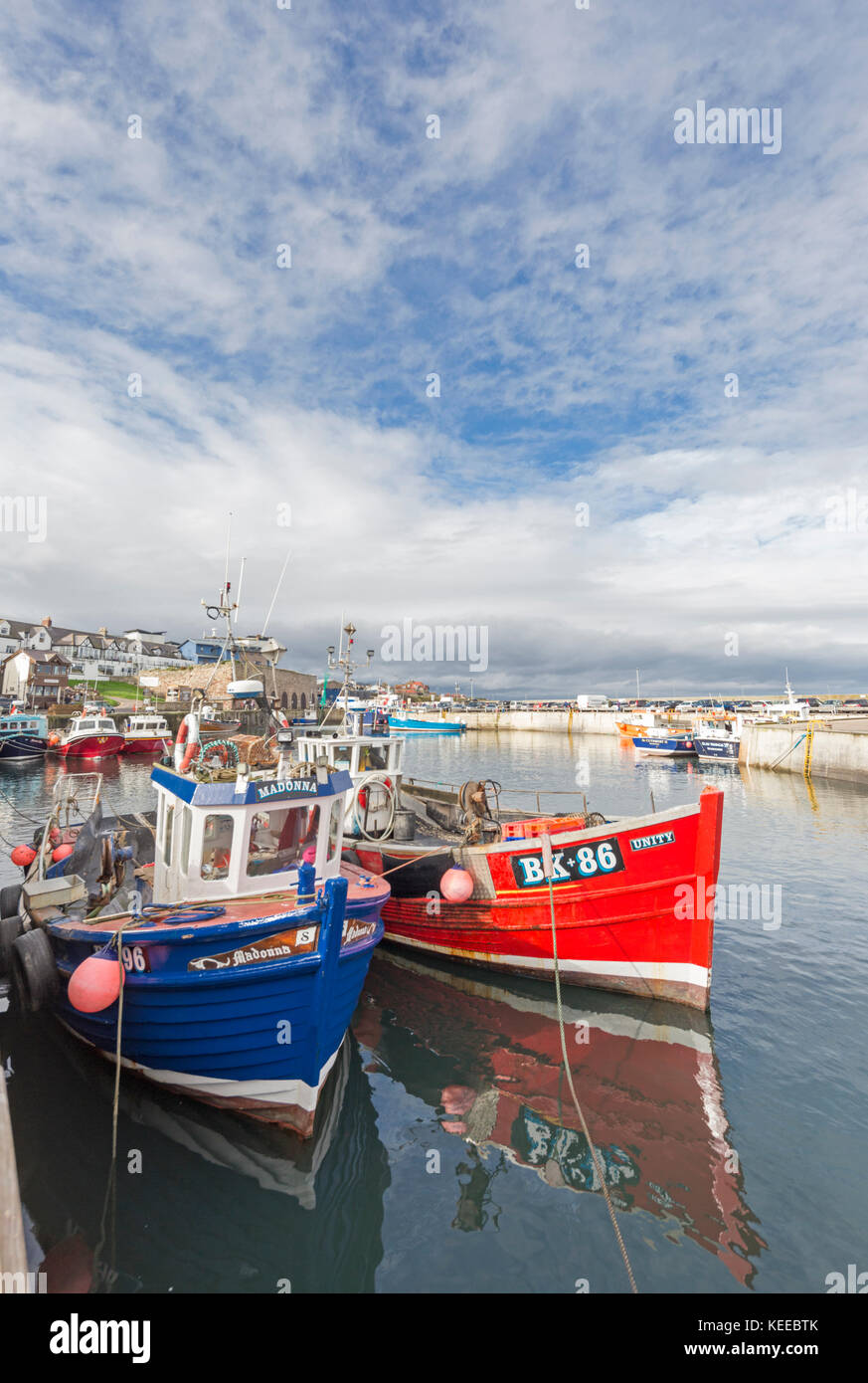 Bateaux de pêche dans le port de Seahouses sur la côte de Northumbrie, Northumberland, England, UK Banque D'Images