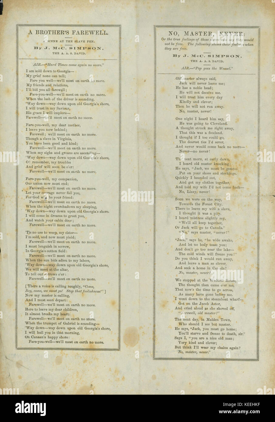 Song Lyrics imprimés un frère et d'Adieu Non, Maître, jamais, 1861 1865 Banque D'Images