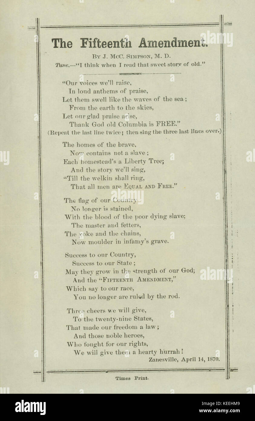 Paroles de chanson imprimée le Quinzième Amendement, ca. 1870 Banque D'Images