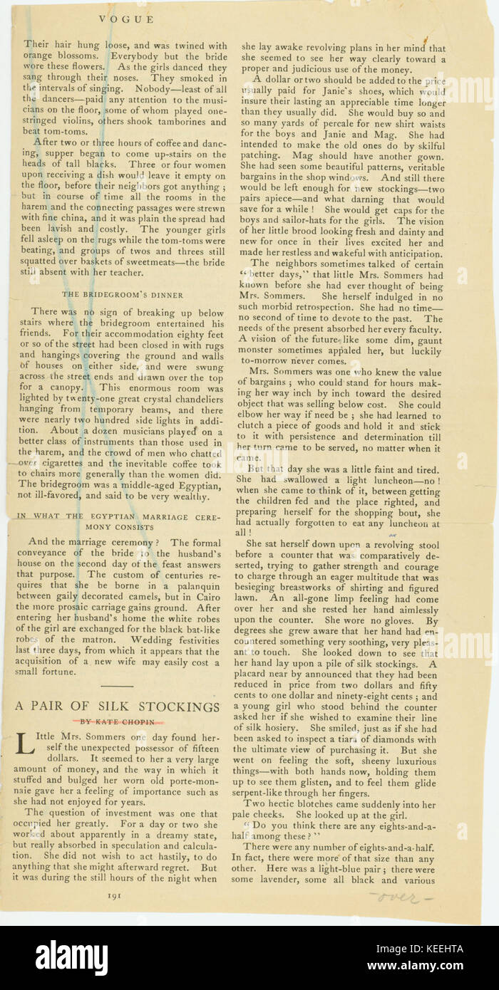 Histoire courte imprimée, une paire de bas de soie, par Kate Chopin 1897 fromVogue,Magazine Banque D'Images