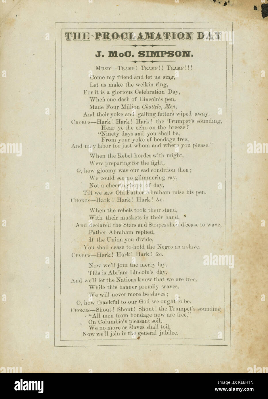 Song Lyrics imprimés La Proclamation Jour, environ 1863 Banque D'Images