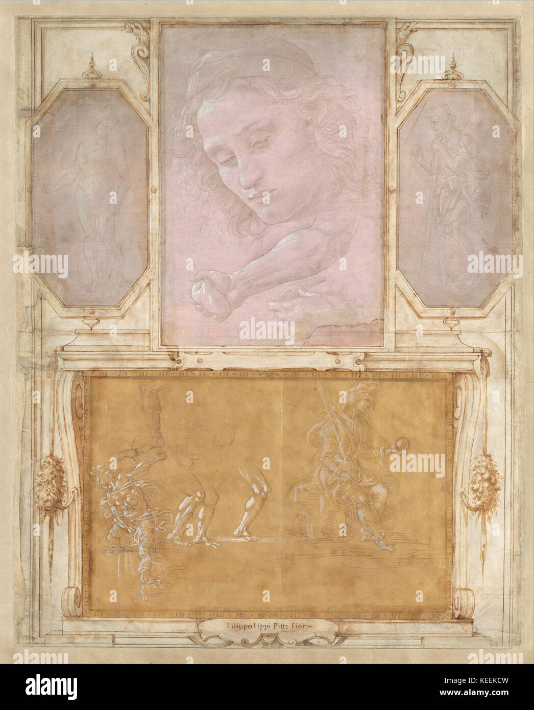 Giorgio Vasari avec dessins de Filippino Lippi, Botticelli, et Raffaellino Del Garbo Page de Libro de' Disegni Banque D'Images