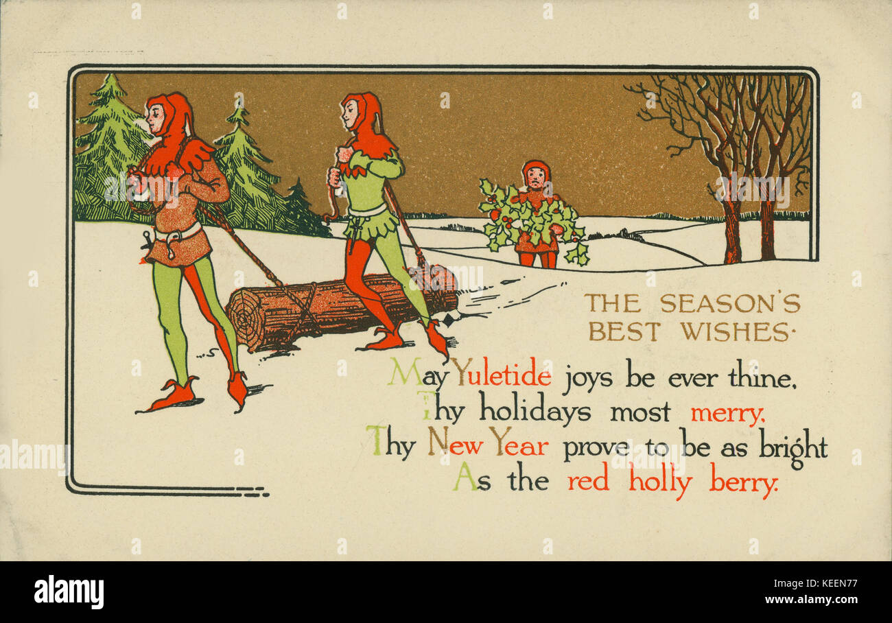 Yule Et Nouvel An Carte Postale Avec Deux Personnes Comme Bouffon Tirant Buche De Noel Dans La Neige Et Un Troisieme Portant Des Feuilles De Houx Avec Les Meilleurs Vœux De La Yule Et Nouvel An Carte Postale Avec Deux Personnes Comme Bouffon Tirant Buche De Noel Dans La Neige Et Un Troisieme Portant Des Feuilles De Houx Avec Les Meilleurs Vœux De La