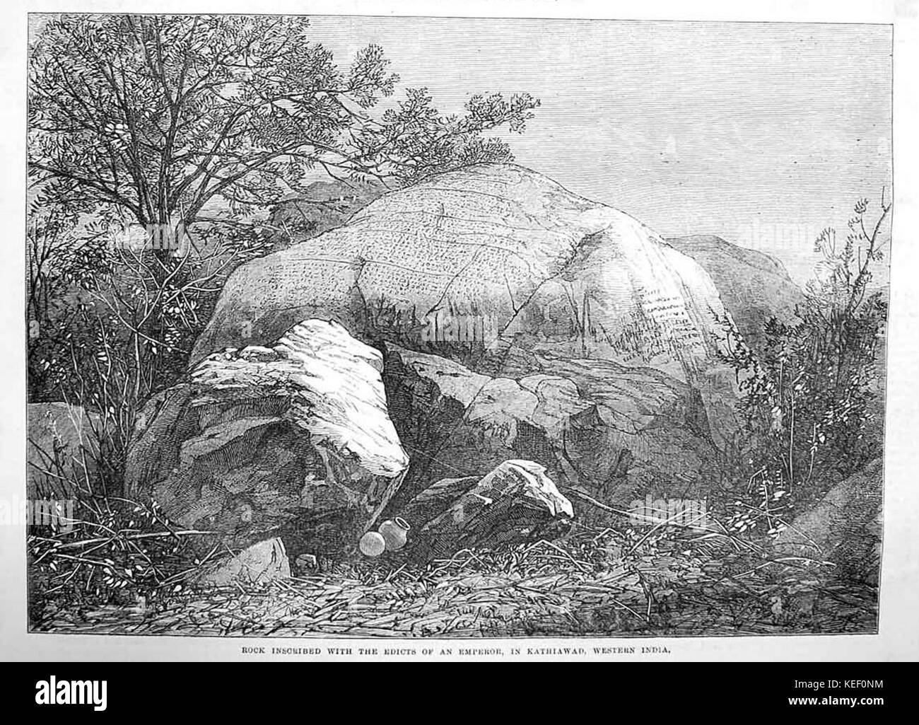 Rock portant les ordres d'un empereur, dans l'ouest de l'Inde, Kathiawar, à partir de l'Illustrated London News, 1872 Banque D'Images