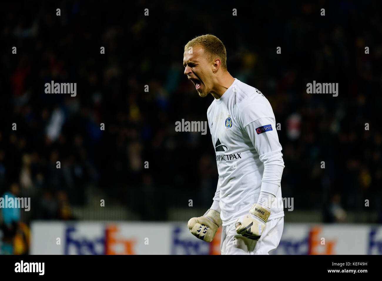 Barysaw, Bélarus. Le 19 octobre 2017. l Dzianis Shcharbitski du FC BATE célèbre ses scores lors du match de la Ligue Europa contre le FC Köln à Barysaw, en Biélorussie. Credit: Yahor Shumski/Alay Live News Banque D'Images