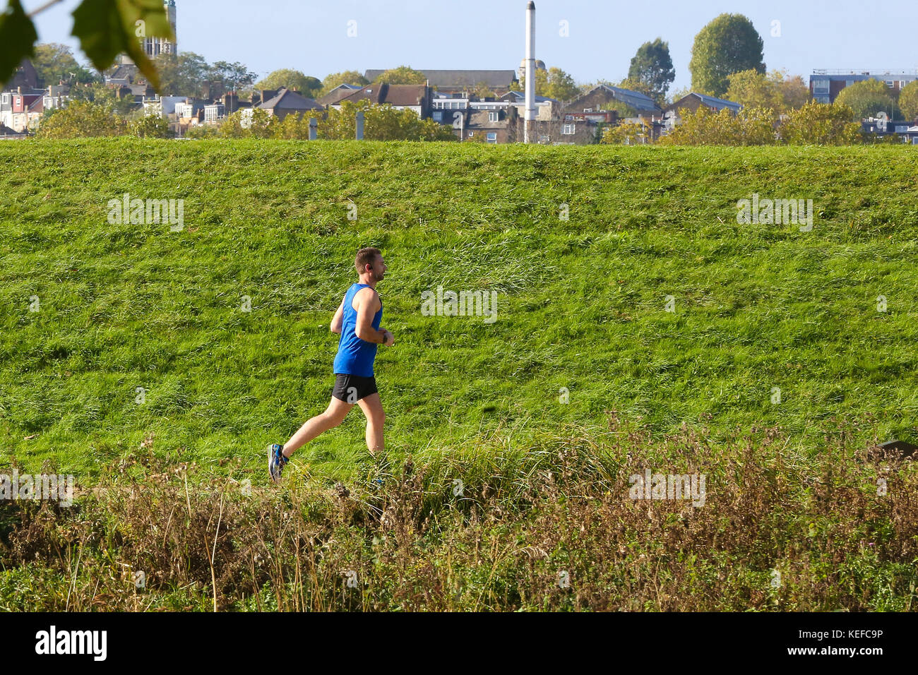 Walthamstow zones humides. Le nord de Londres, Royaume-Uni. 21 oct, 2017. un jogger à walthamstow Terres humides - une nouvelle réserve naturelle de Londres, une des plus grandes zones humides en Europe, a ouvert au public pour la première fois en 150 ans. walthamstow zones humides est un 211 hectares (495 acres) Thames Water site du réservoir dans le nord de Londres et est la principale source d'approvisionnement en eau de 3,5 millions de personnes. crédit : dinendra haria/Alamy live news Banque D'Images