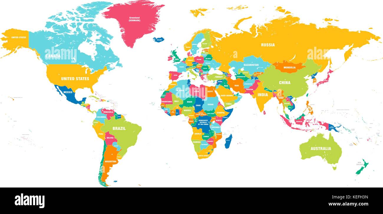 Hi coloré vecteur détaillée carte du monde avec tous les noms de pays Illustration de Vecteur