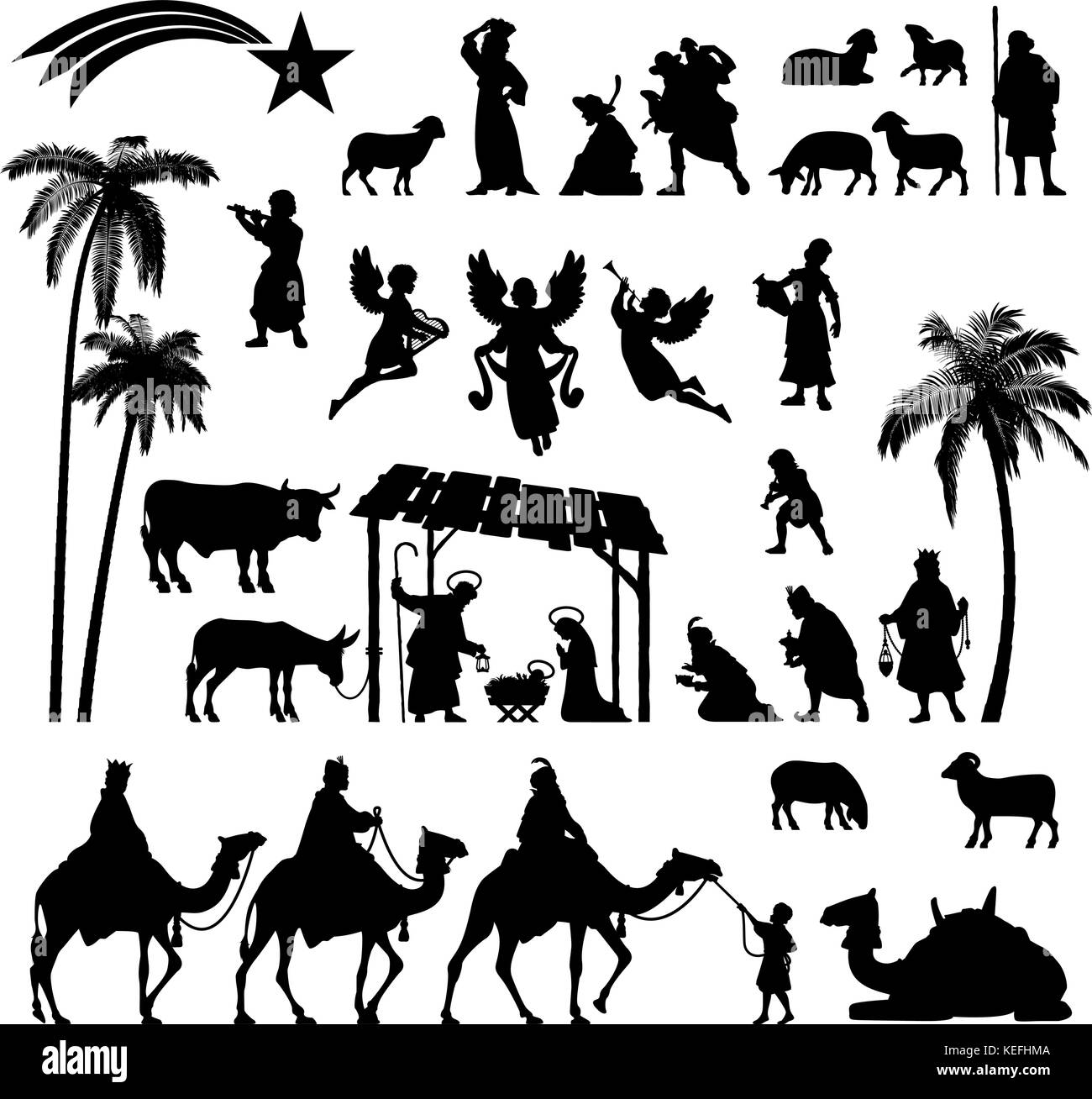 Détail de grande série de noël nativité vector silhouettes noires. Illustration de Vecteur