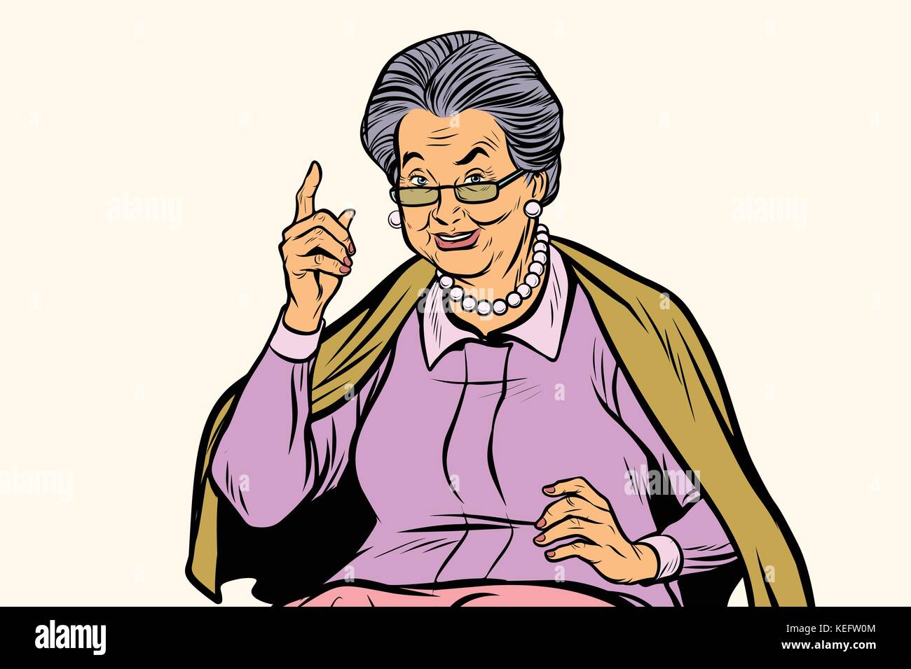 Femme âgée doigt pointé vers le haut, isolé sur fond blanc Illustration de Vecteur