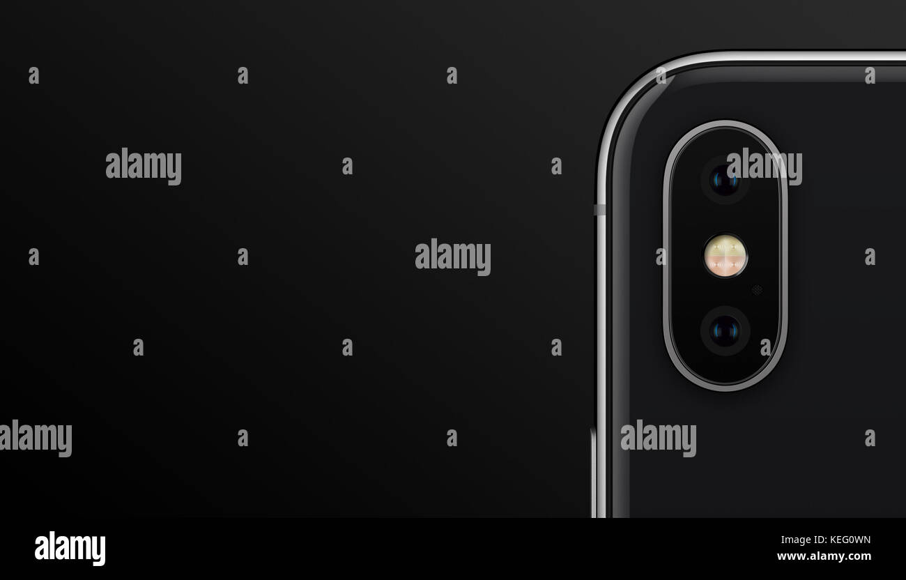 Close-up smartphone noir module double caméra similaire à l'iPhone X sur fond noir. Bannière avec copyspace. Banque D'Images