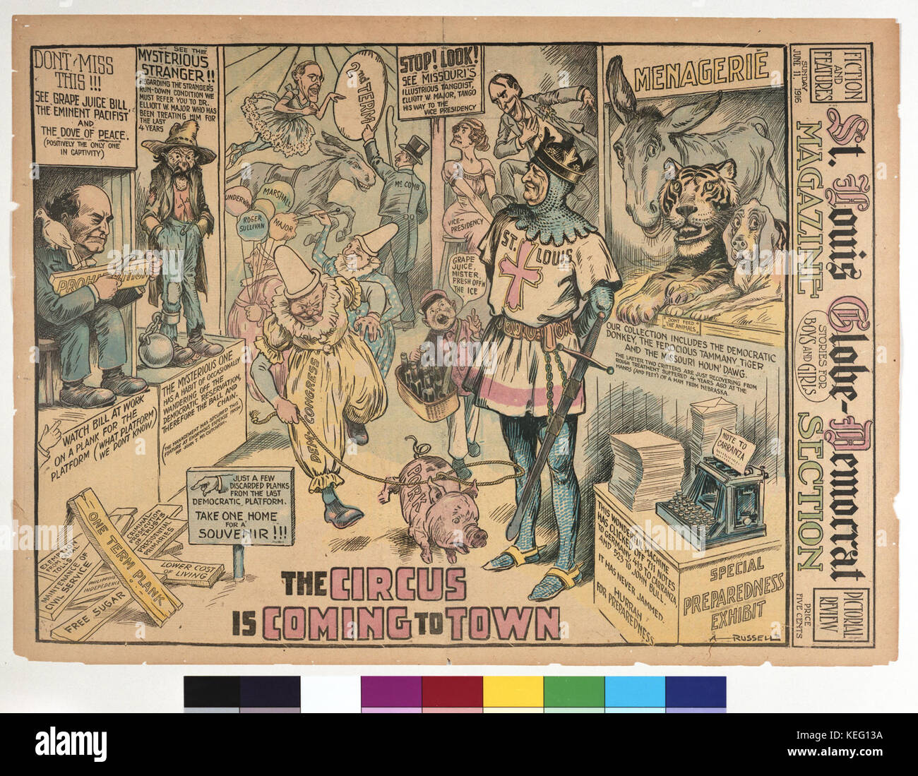 Une légende promotionnelle se référant à l'arrivée du cirque, un événement de divertissement mettant en vedette divers spectacles et actes dans une ville. Banque D'Images