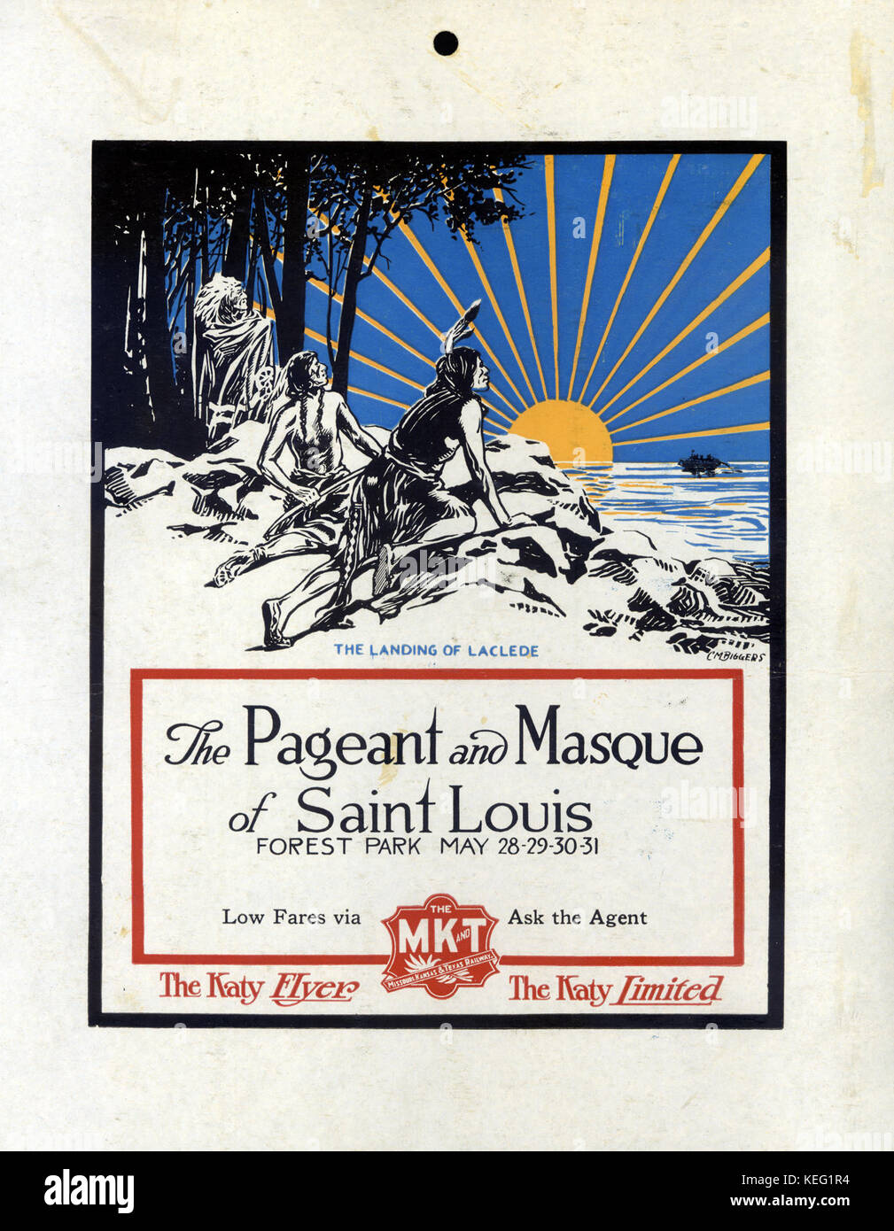Le Pageant et Masque de Saint Louis. Le débarquement de Laclede. Plaque publicitaire pour le Missouri Kansas et Texas Railroad Banque D'Images