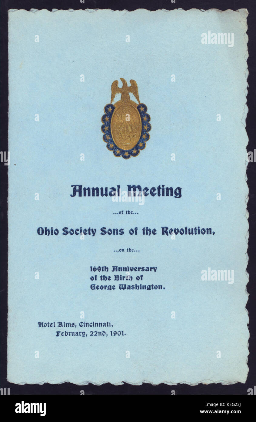 Réunion annuelle SUR LE 169E ANNIVERSAIRE DE LA NAISSANCE DE GEORGE WASHINGTON (organisé par la société de l'OHIO) FILS DE LA RÉVOLUTION (à) l'AUMÔNE HOTEL, Cincinnati, OH (HOTEL ;) (NYPL Hadès 275636476735) Banque D'Images