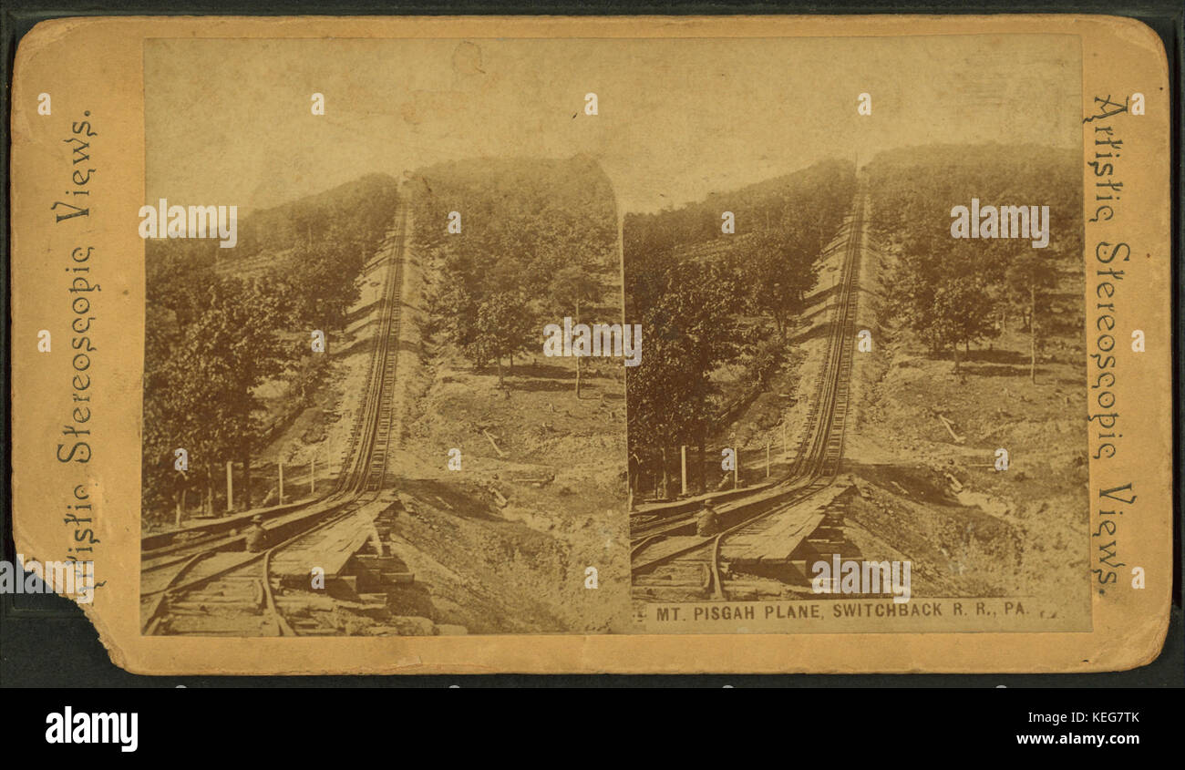 Cette vue stéréoscopique montre le Mt. Pisgah plane, situé en Pennsylvanie, met en évidence la pente raide et le système de chemin de fer alternatif qui a été utilisé dans la région au début du XXe siècle. Banque D'Images