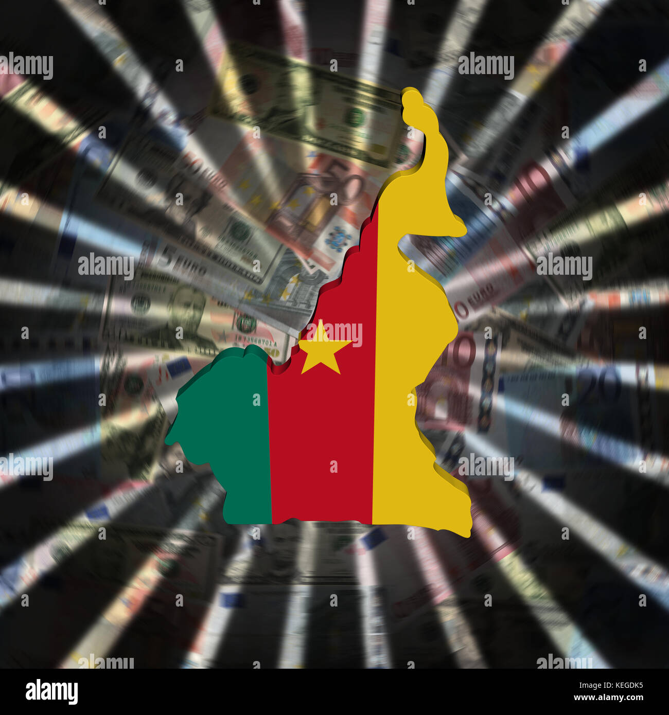 Cameroun carte drapeau sur monnaie illustration burst Banque D'Images