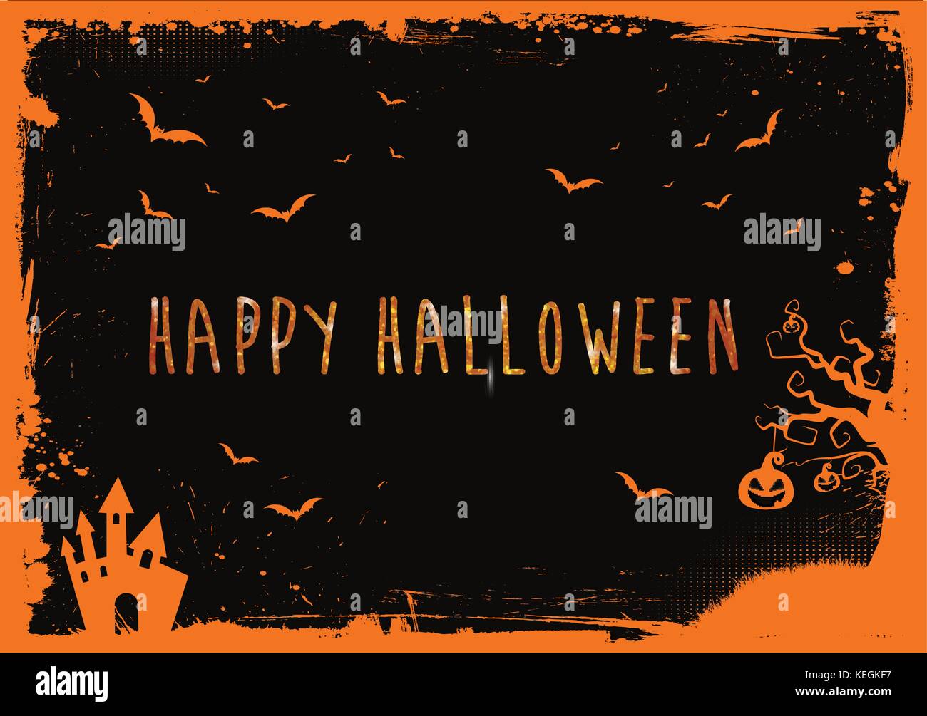 Bannière horizontale happy Halloween orange glitter text avec les chauve-souris, citrouille et la maison peur border Illustration de Vecteur