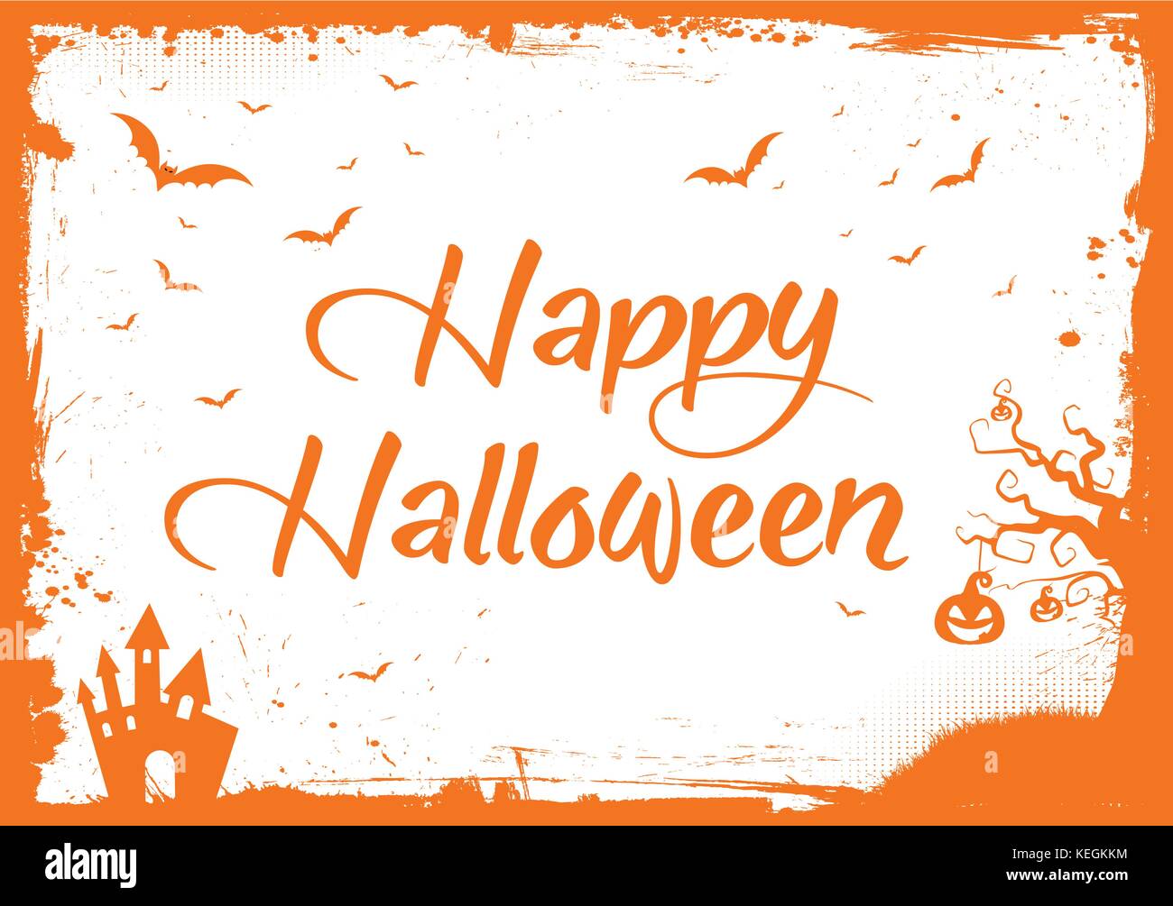 Texte orange halloween heureux horizontal avec les chauve-souris, citrouille et la maison peur border Illustration de Vecteur