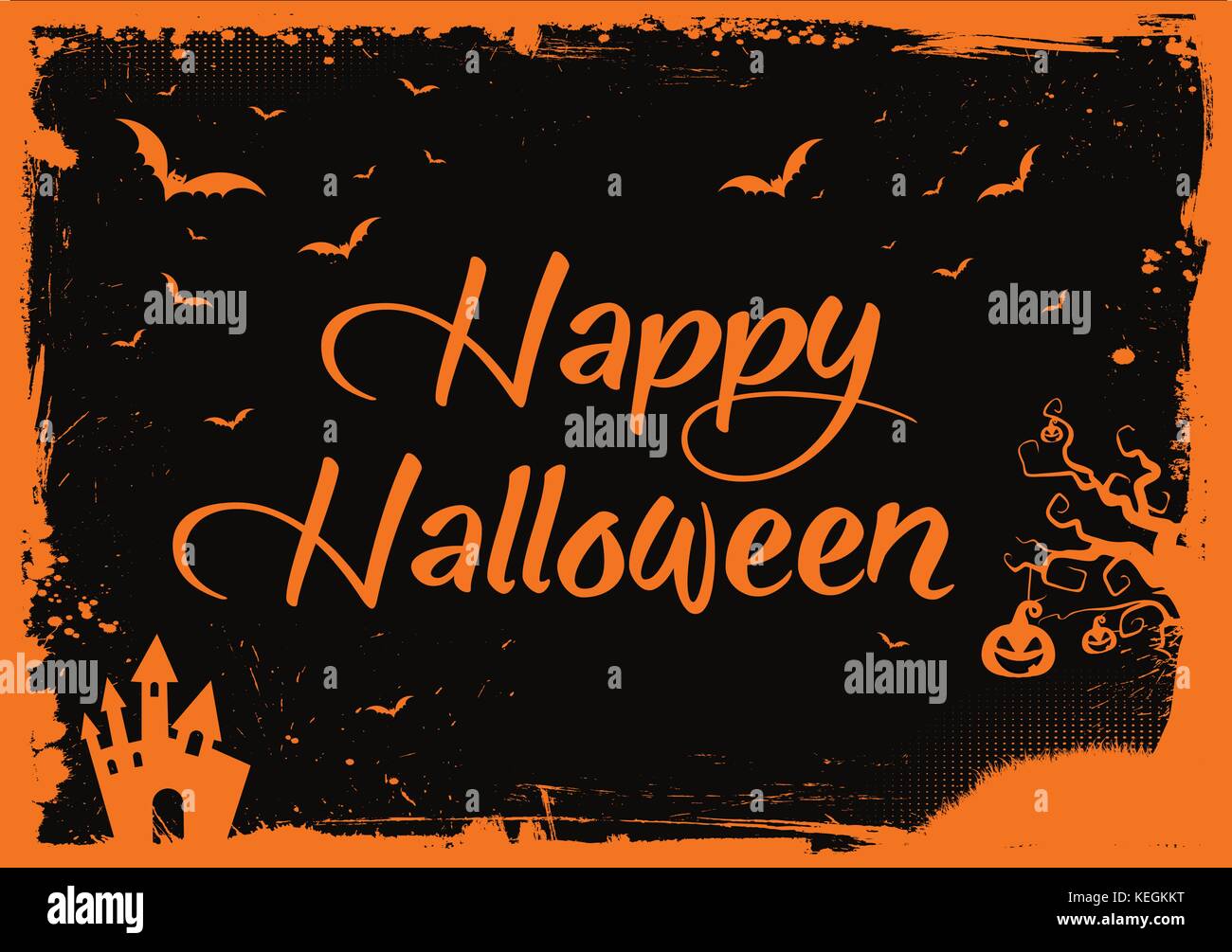 Texte orange halloween heureux horizontal avec les chauve-souris, citrouille et la maison peur border Illustration de Vecteur