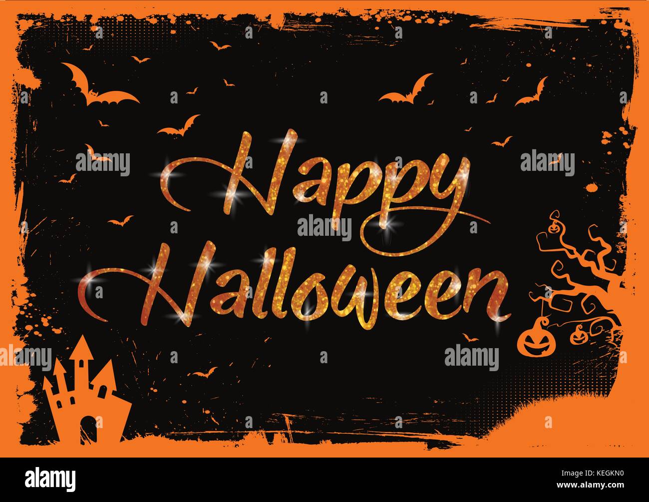 Happy Halloween horizontale orange glitter text avec les chauve-souris, citrouille et la maison peur border Illustration de Vecteur