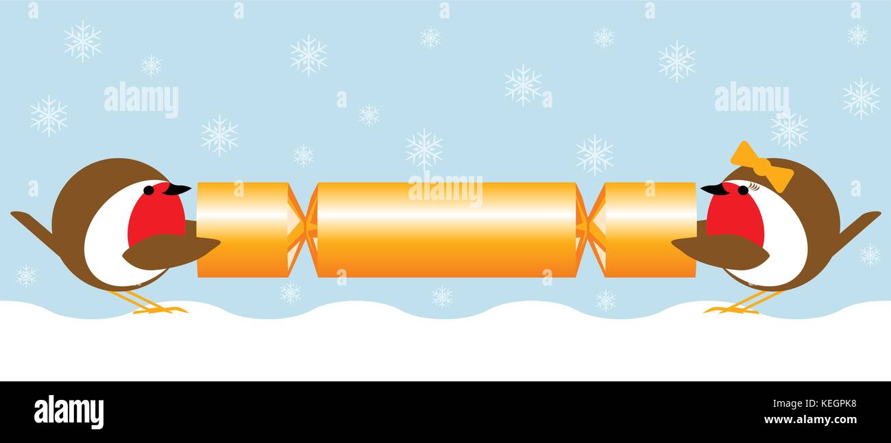 Paire de Robin redbreasts tirant un cracker de Noël dans la neige Illustration de Vecteur