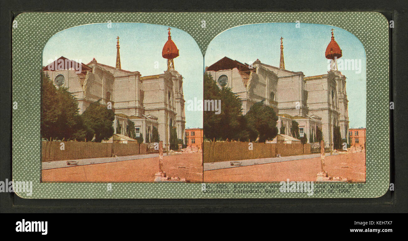 Naufrage du tremblement de flèches et des murs de saint Dominique, la cathédrale San Francisco, le 18 avril 1906, à partir de Robert N. Dennis collection de vues stéréoscopiques Banque D'Images