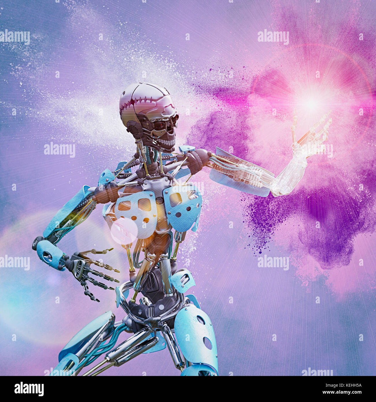 Poussière violette explosant près du robot Banque D'Images