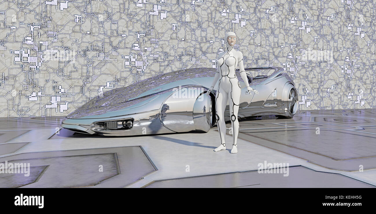Robot debout près d'une voiture futuriste brillante Banque D'Images